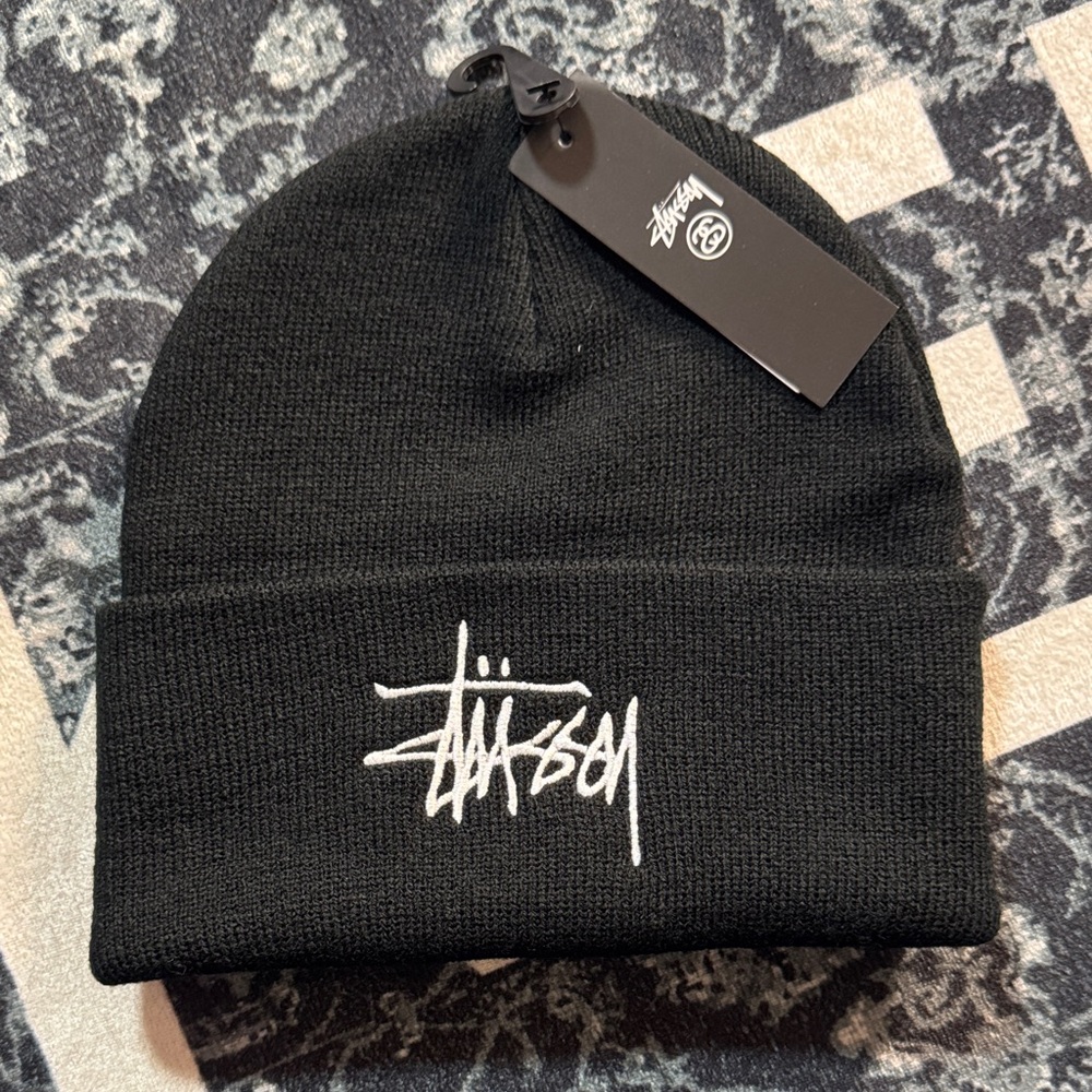 Stussy Black Beanie with White Script Logo